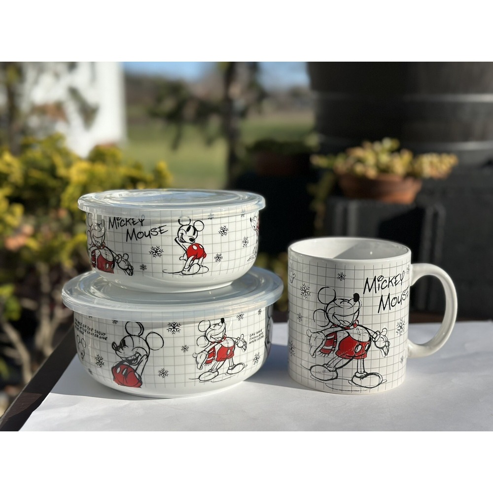 3 pcs Disney Mickey Mouse Ceramic 2 Storage Container Bowls Vented Lids  &‎ Mug